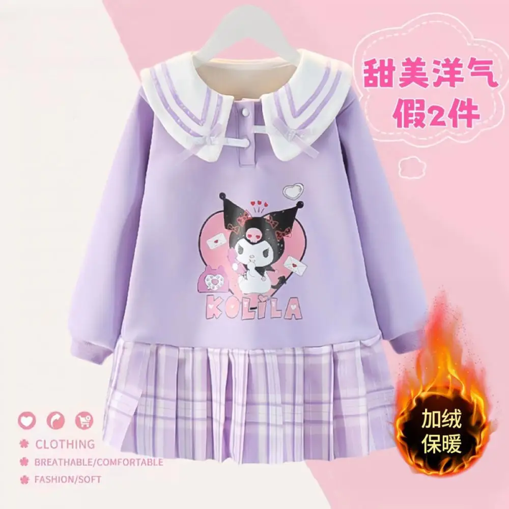 Kawaii Sanrio Kuromi Girls Fleece Sweatshirt Dress Autumn Winter New Kids Sweater My Melody Cartoon Princess Dress Pleated Skirt