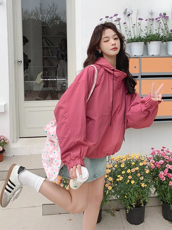 Roze Jaet-jas met capuchon voor dames, outdoor, casual, losse pasvorm, lange mouwen, ritssluiting, pure kleur, lente, herfst, nieuwe collectie
