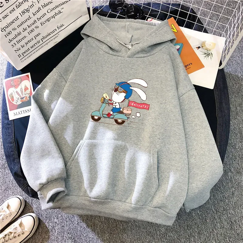 

Delivery Rabbit Print Hoodies Teens Street Wear Spring Long Sleeve Sweaters Casual Funny Loose Hooded Top