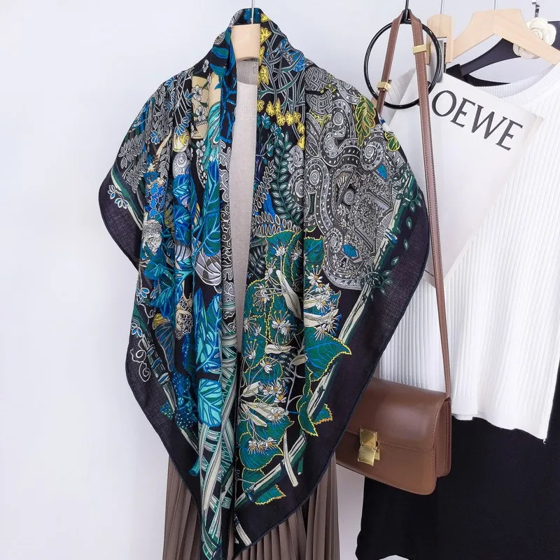 Silk Wool Scarf Hand Rolled Shawls Winter Bag Accessories Soft Warm Foulard 135cm*135cm