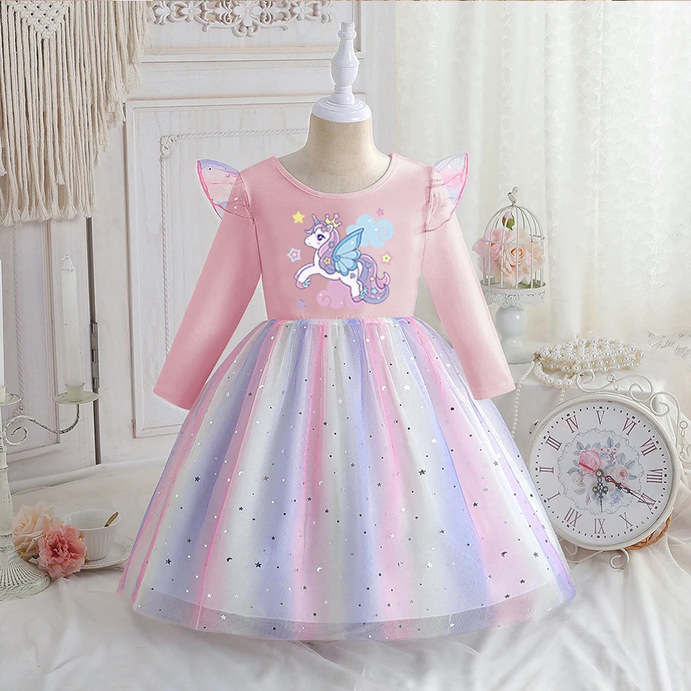 

2025 New Unicorn Princess Dress Baby Girls Dress Spring Autumn Long-sleeved For Children Kids Clothes Birthday Party Rainbow