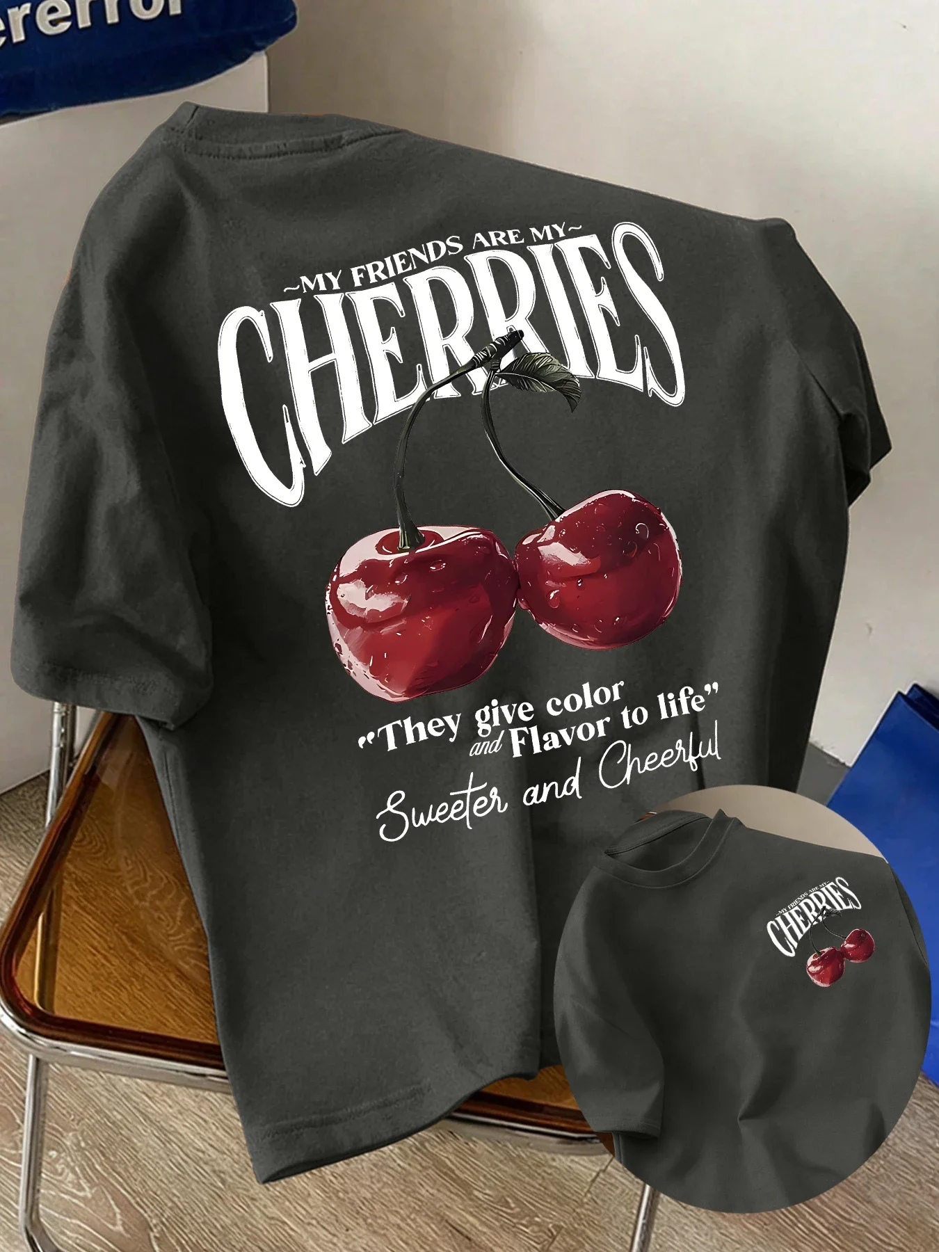 New Men's 100% Cotton Crew Neck T-Shirt, Cherry Print Fashion Casual Short Sleeve, Soft Breathable Summer Essential Top