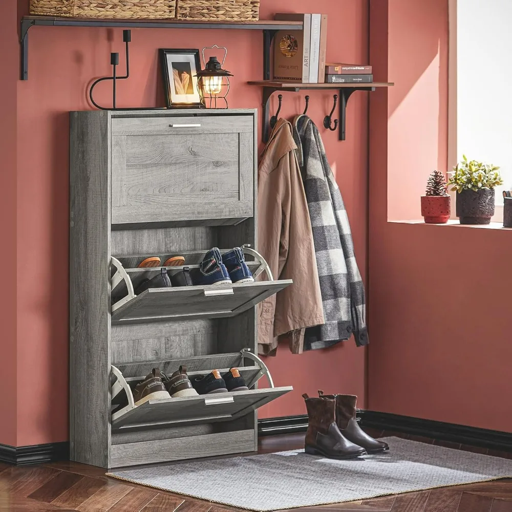 Modern grey independent shoe cabinet storage box, hidden door opening, with 3 flip drawers shoe cabinet shoe rack