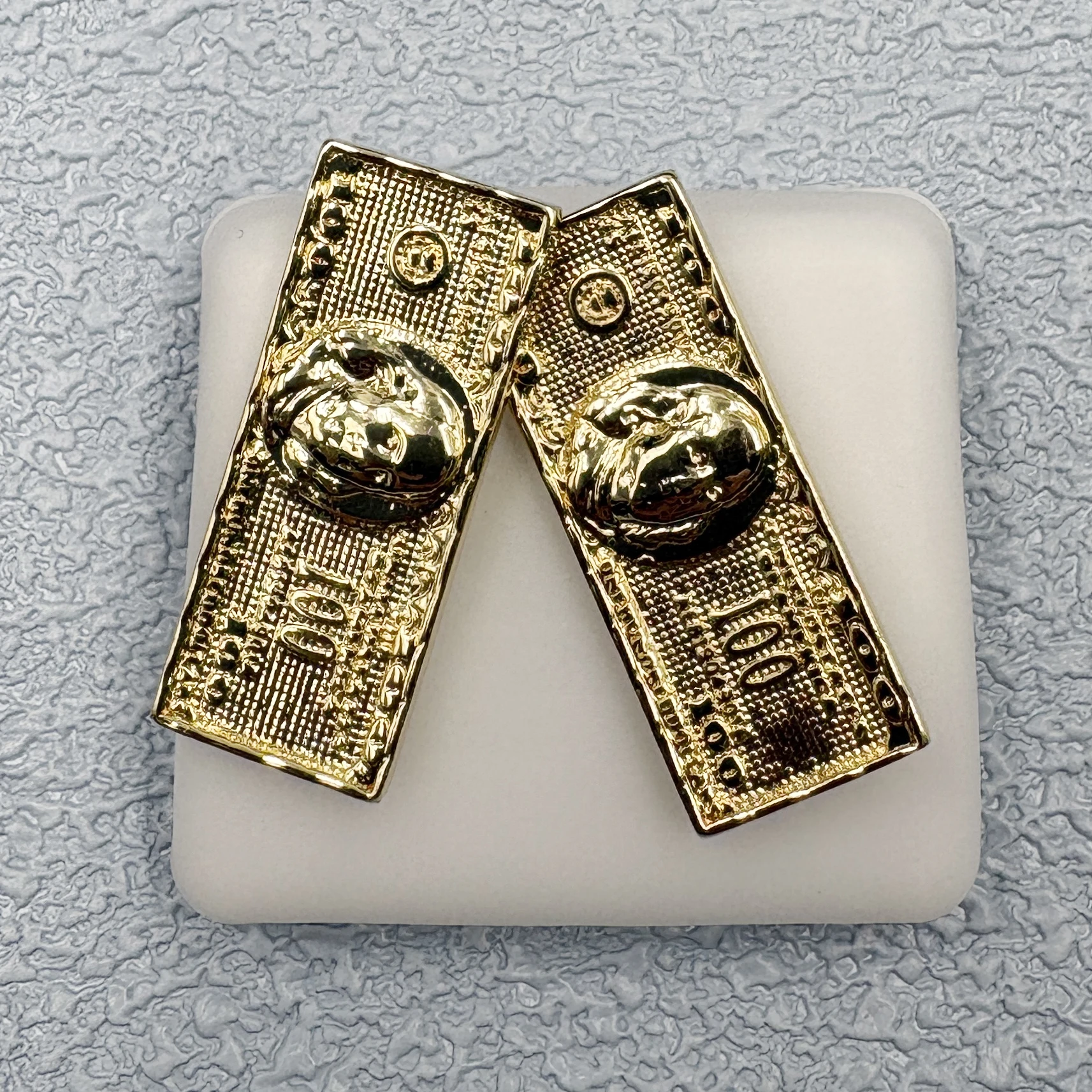 Big Size 14K Gold Plated 100 Dollar Bill Stud Earrings, Copper Nugget Textured Cookie Earrings, Hip Hop Jewelry for Men Women