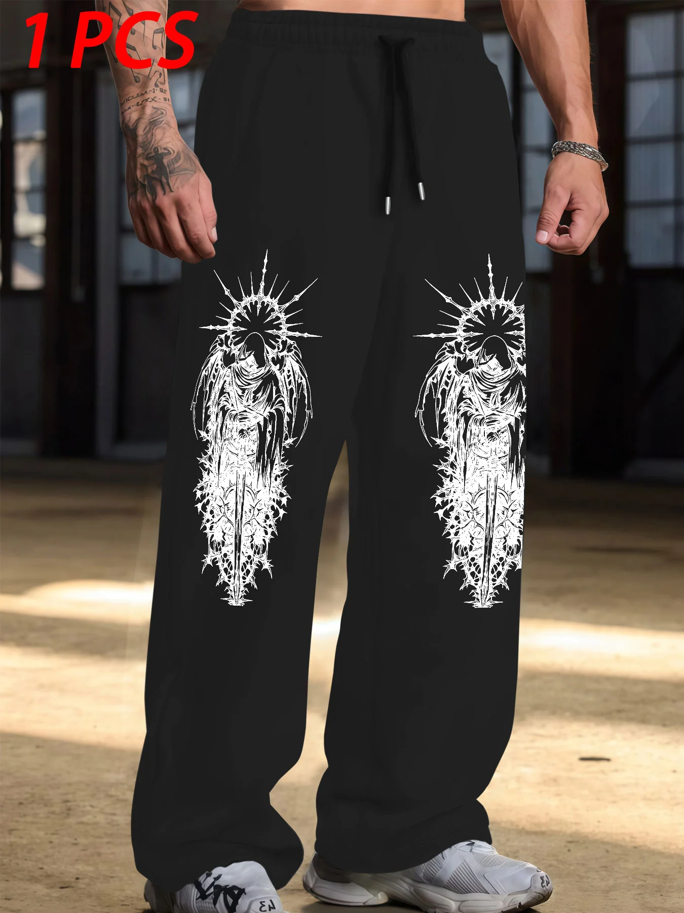 

Men's Dark Angel Holding Sword Standing Among Thorns Printed Pattern Trendy Street Style Drawstring Sweatpants Casual Fashion