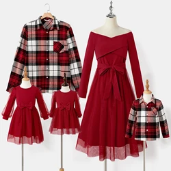 PatPat Family Matching Plaid Shirt Tops Red Mesh Splice Belted Dresses Father Mother Kid outfits