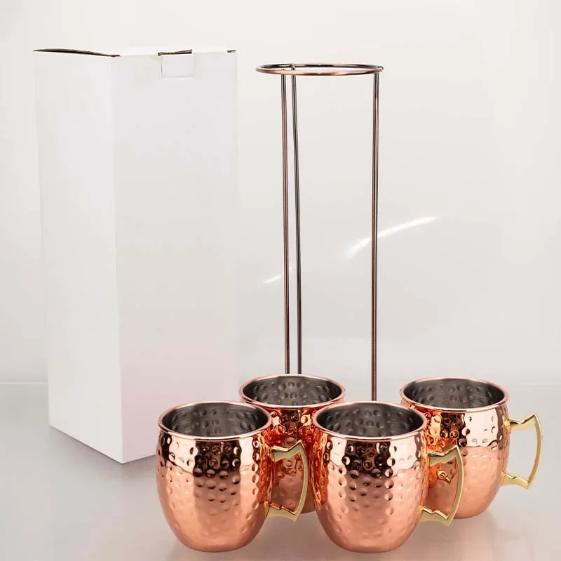 

4PCS 500ml Hammered Texture Moscow Mule Mugs with Iron Rack Set | 304 Stainless Steel Drinkware for Home Bar Cocktail Beer