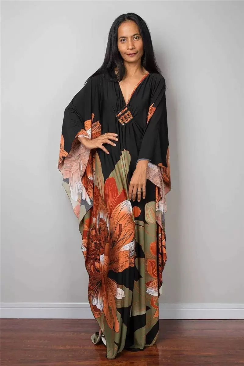 Robe caftan à imprimé Floral pour femmes, manches courtes, Cover-Up pour les maillots de bain, vêtements de détente pour l'été