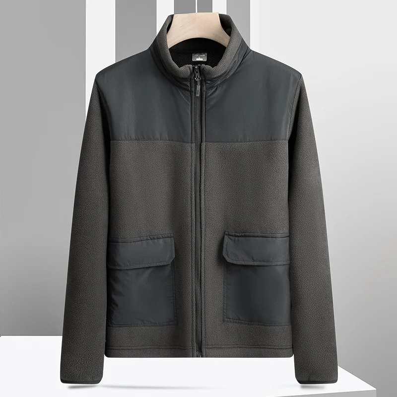 New Men'S Winter Spliced Warm Polar Fleece Stand Up Collar Jacket With Long Sleeves Soft Heat Storage Windproof Zipper Coat