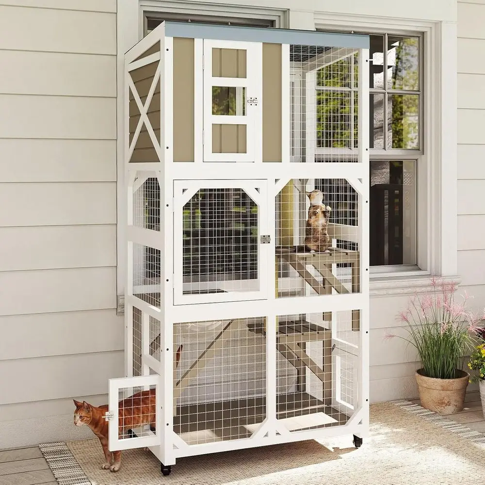 

Large 64 Outdoor Wooden Cat Enclosure with 3 Platforms, Wheeled Window Cat House, Weatherproof Roof for Multiple Cats (Gray)