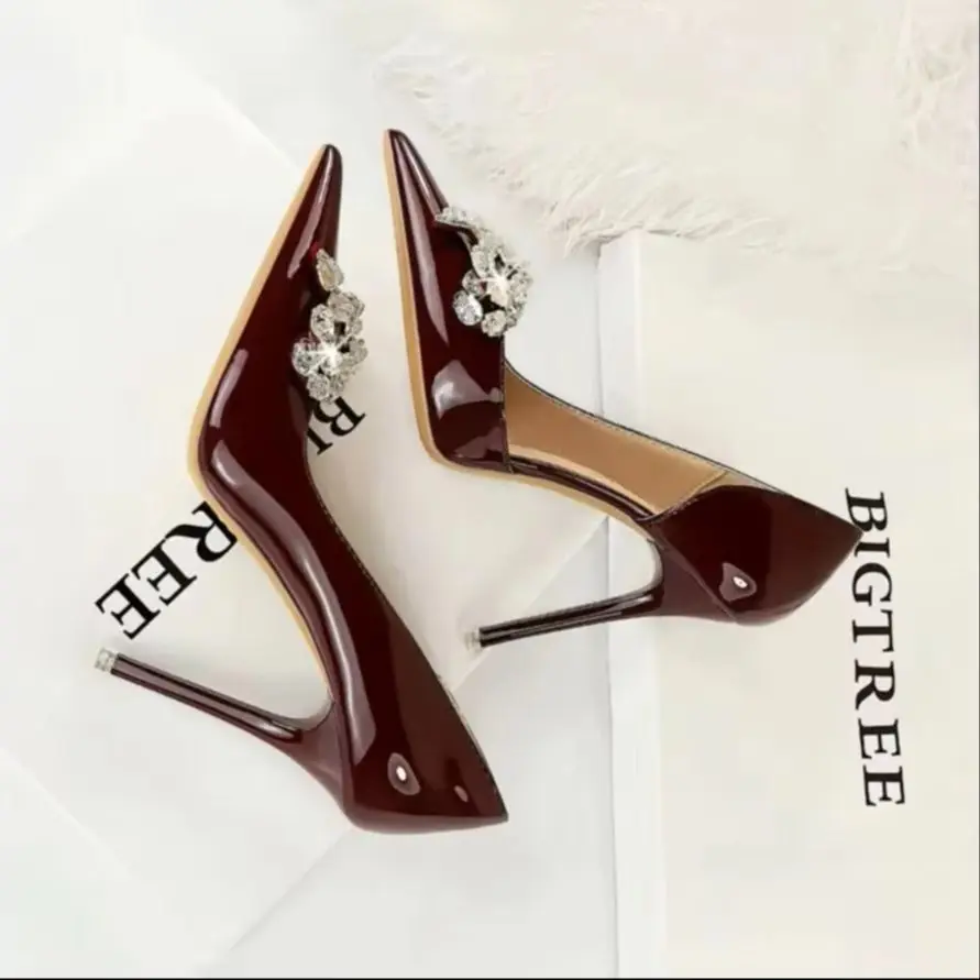 

BIGTREE Shoes Nude Heels Women Pumps Rhinestone Bowknot High Heels Patent Leather Women Shoes Stilettos Luxury Party Shoes Pumps