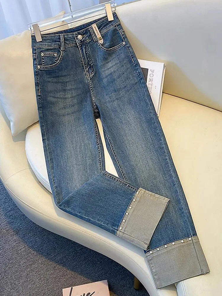 

High Waist Straight Leg Jeans Women's Small Size 2025 New Slim Fit Nine Point Narrow Version Tube Pants Splicing Design