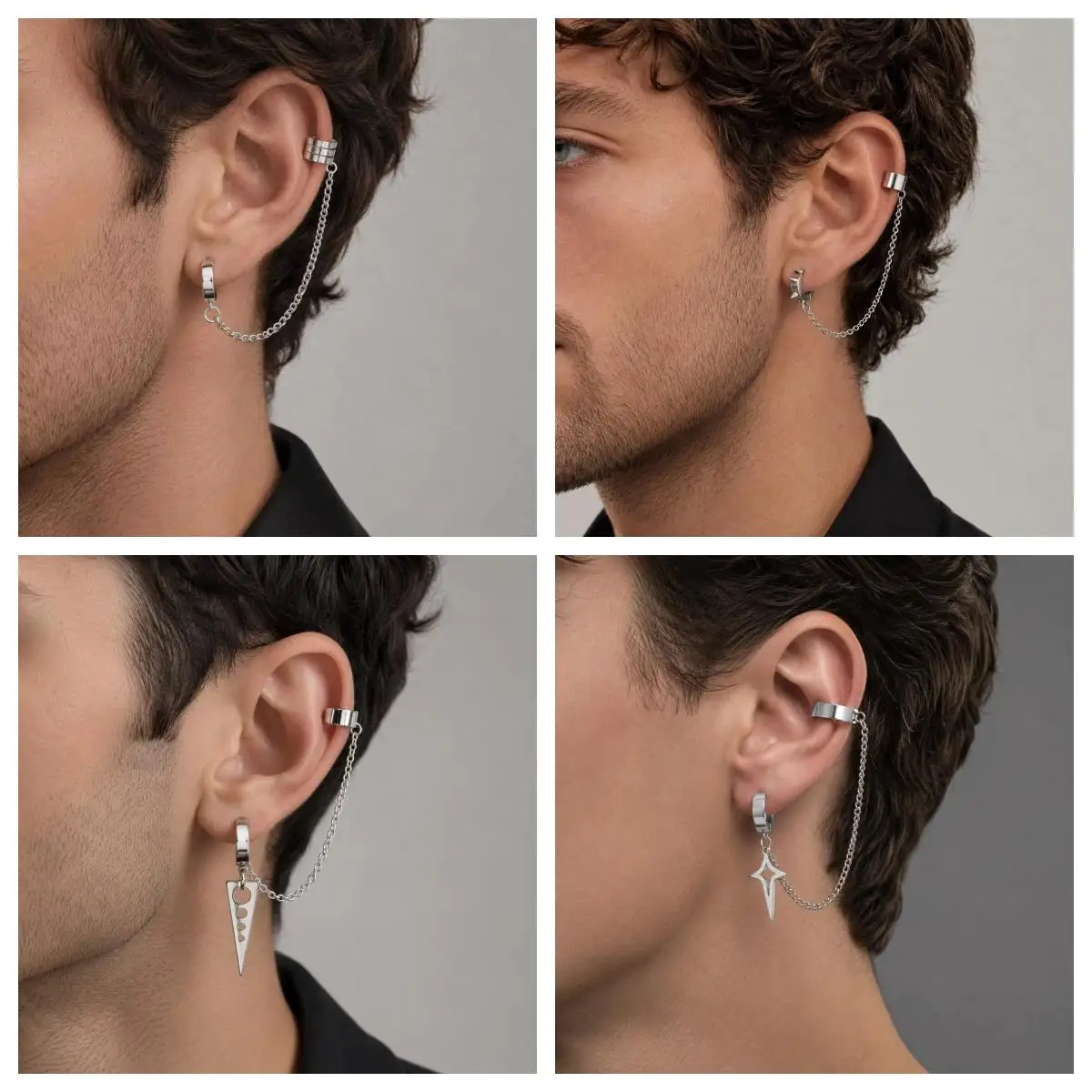 1pc Stainless Steel Chain Ear Cuff Hoop Earrings Punk Spike Star Cross Triangle Ear Clip Gothic Jewelry Gift for Men Women