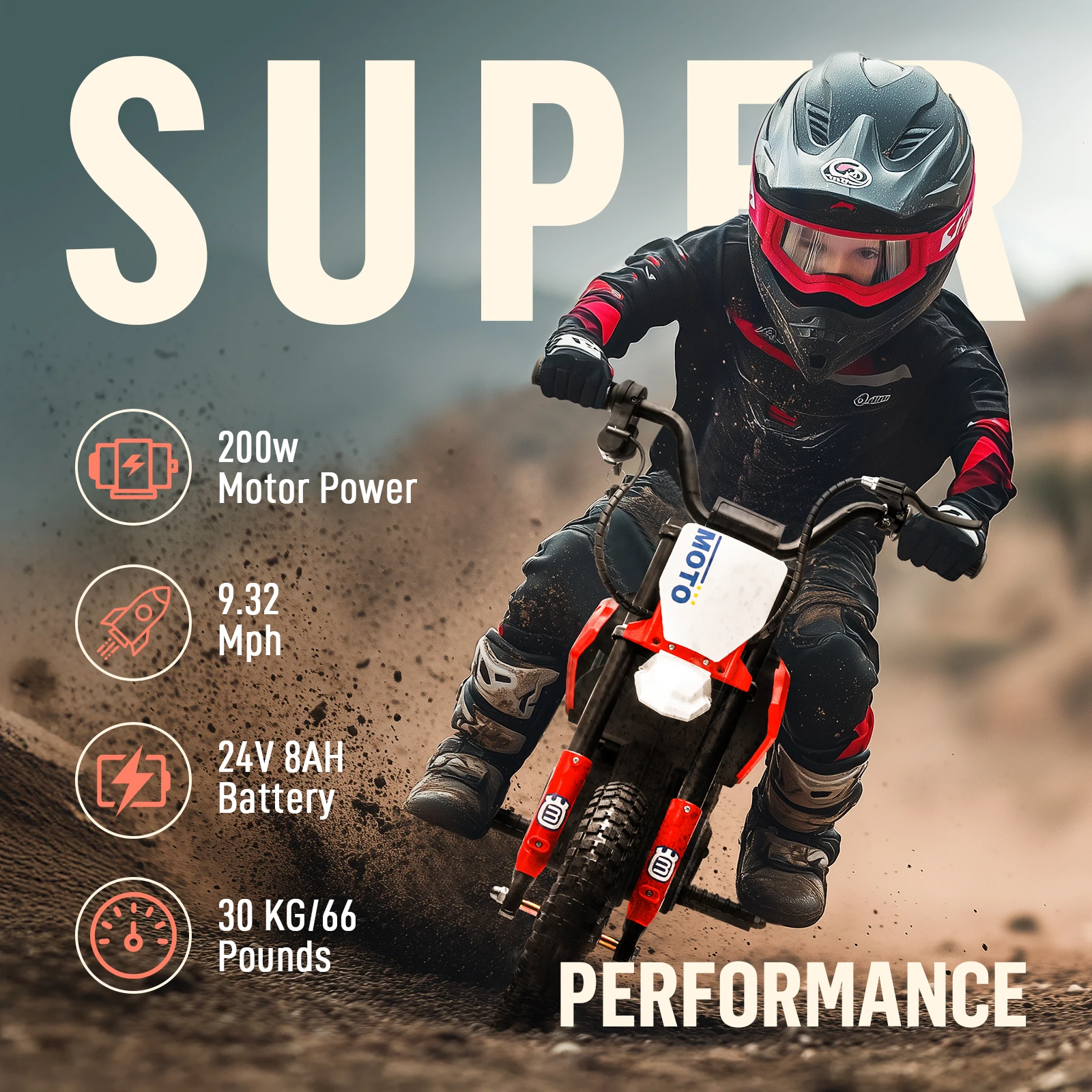 Moto de motocross électrique pour enfants, 24V, moteur 200W, vitesse réglable, lumières LED, Bluetooth, musique, enfants âgés de 3 à 6 ans