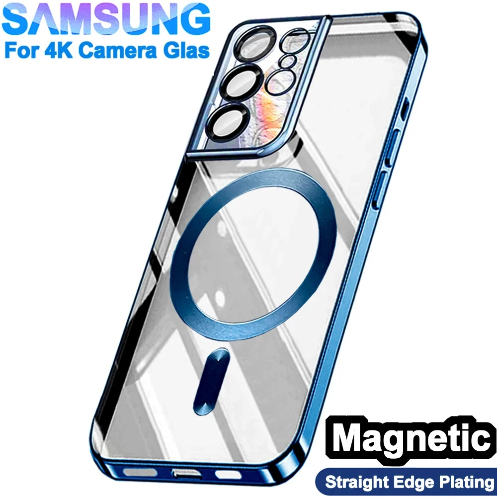 oryginalne obudowy silikonowe case galwanizacja krawędzi prostej do Apple Magsafe etui na telefon Samsung Galaxy S21 S23 Fe S22 Plus S24 Ultra 4k szklana ochrona aparatu kuferek magnes bezprzewodowy