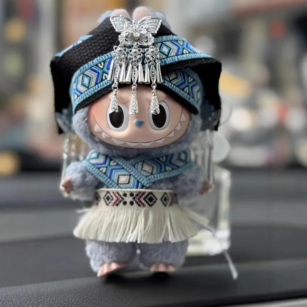 Ropa para muñecas Labubu, accesorios, ropa étnica Zhuang, sombreros para muñecas Labubu V2 V1, bonito vestido de Cosplay a rayas