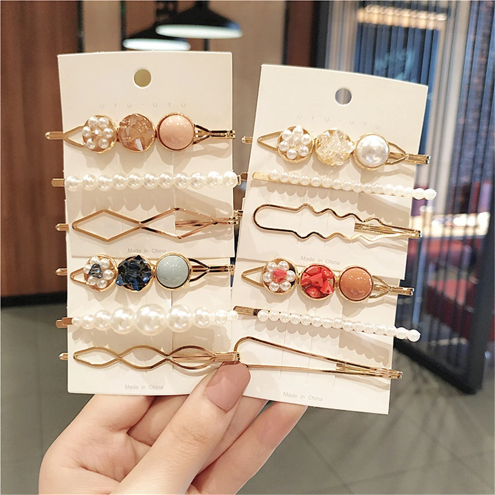 Neue Perle Kristall Metall Haar Clips Set Für Frauen Elegante Geometrische Barrettes Haarnadel Mädchen Haar Zubehör Mode Schmuck Geschenk