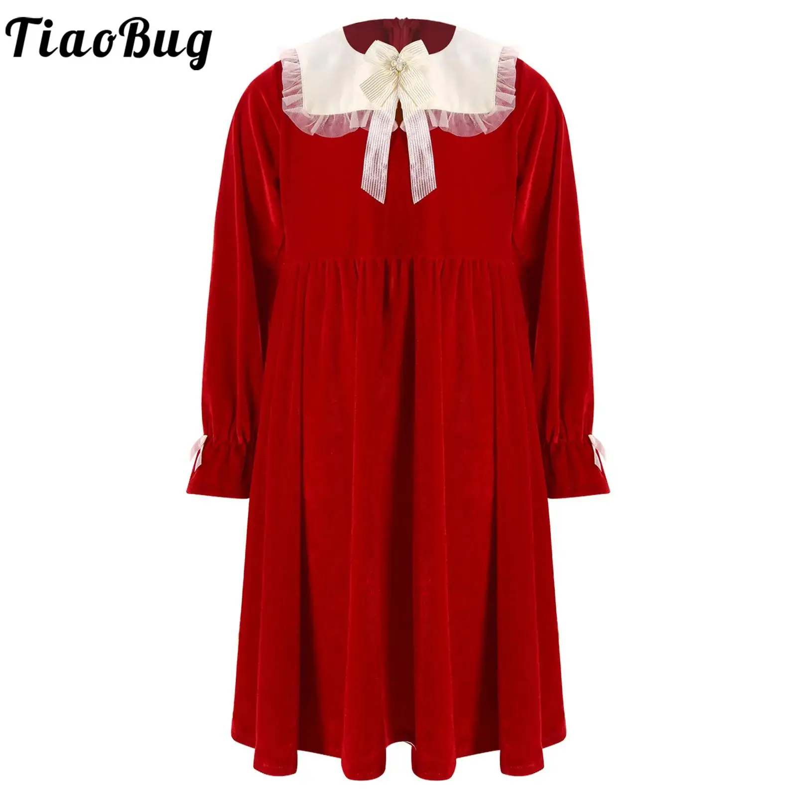 Abito da bambina in velluto rosso natalizio per bambina, manica lunga, fiocco in pizzo, colletto navale, gonna a pieghe, elegante abbigliamento da ballo per festival