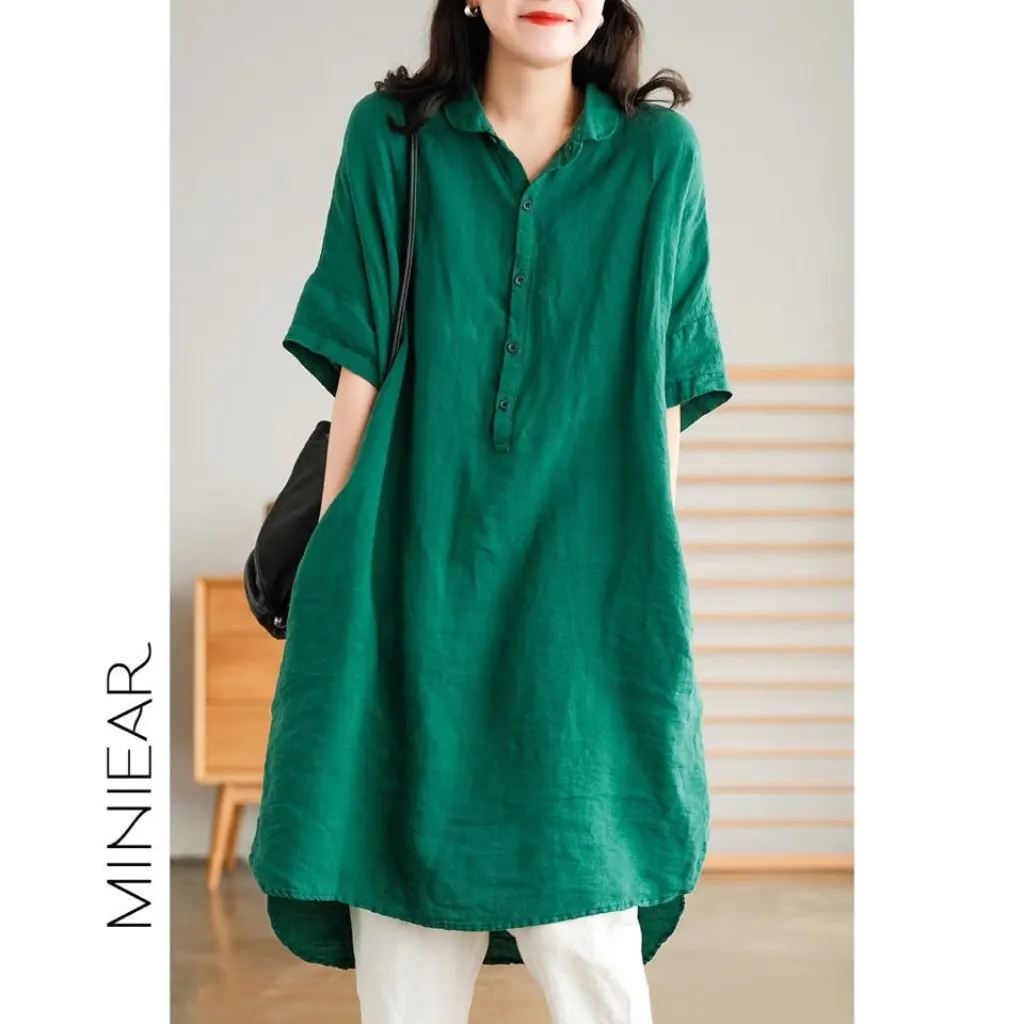 Falda midi de lino de color sólido artístico vintage para mujer Camisa holgada de media manga con cuello abierto Moda de verano