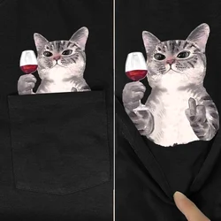 CLOOCL Cotton T-Shirt Red Wine Cat Middle Finger Pattern Printed T-shirt Men's for Women Shirts Casual Pocket Tops Cotton Tees