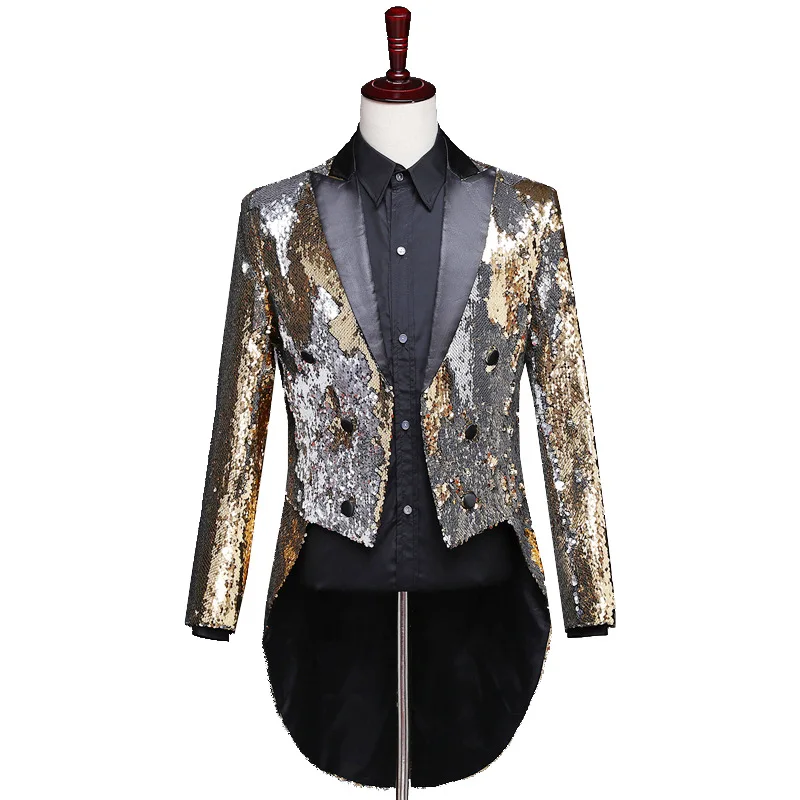 Gold Silver Sequin Glitter Tuxedo Suit Blazer Men Wedding Evening Party Dresses Nightclub Stage Singer Performance Suit Jacket