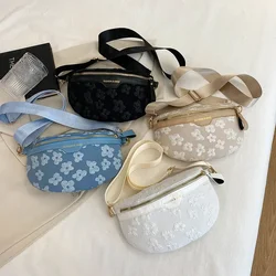 Floral Soft Fabric Waist Bag Fanny Packs for Women Beaded Casual Waist Pack Ladies Wide Strap Shoulder Crossbody Chest Bags