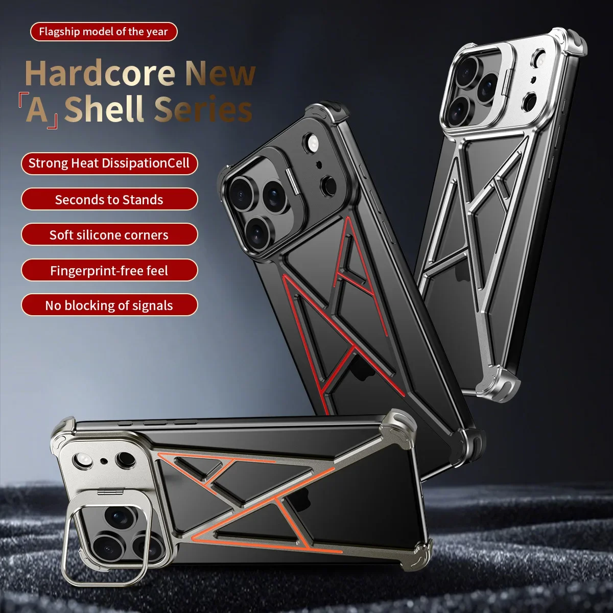 Classic Hollow Out Frameless Metal Phone Case for iPhone 14 15 16 17 Pro Max with Lens Hide Stand