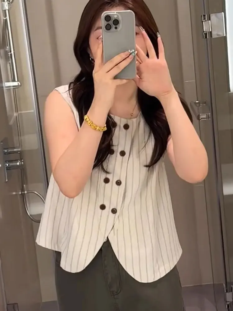 

Retro Hong Kong Sle Color Blo Stripe Vest Unique Slim Fit Single Button Women's Top Svel Tank Top Sli And Thin