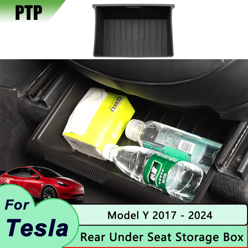 

For Tesla Model Y 2024 Rear Under Seat Storage Box TPE Carbon Fiber Waterproof Underseat Hidden Organizer Box Interior Accessory