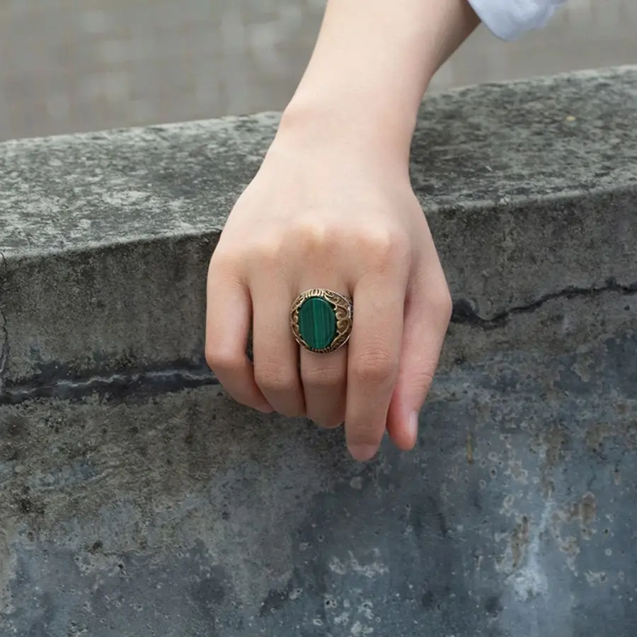 Wholesale 925 Sterling Silver Male Ring Green Malachite Stone Vintage Classic Men Silver Ring 925 Natural Stone