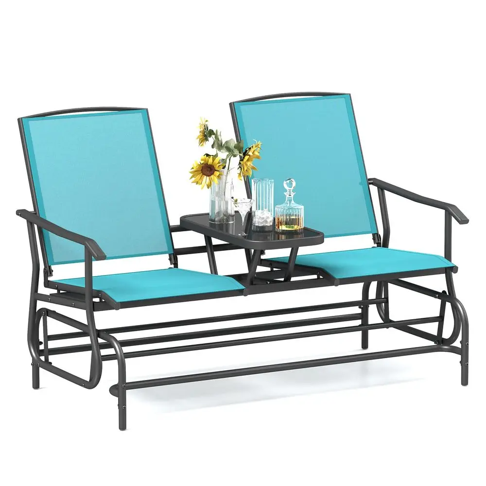 

2 Person Swing Glider Chair, Patio Rocking Loveseat w Center Tempered Glass Table, Outdoor Swing Bench w Steel Frame amp Breath
