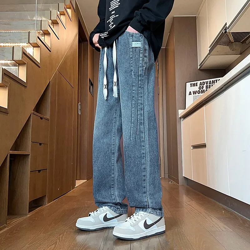 High Street Wear Casual Cotton Denim Pants 2025 Spring Autumn Loose Straight Leg Jeans Youth Drawstring Elastic Waist Trousers