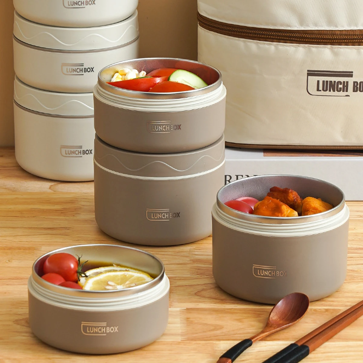 1Pcs/5Pcs Heat Insulation Cooker Thermal Cooking Pot Stainless Steel Double Layer Portable Round Shape Thermal Lunch Container