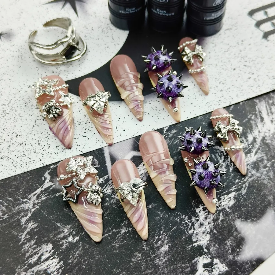 

Press On Nails, набор из 10 предметов чистого накладного ногтей ручной работы, сладкие и прохладные розово-фиолетовые градиентные патчи для ногтей,