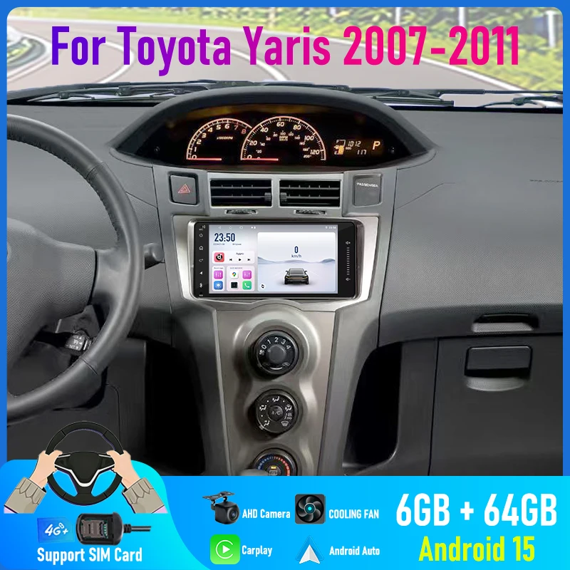 7'' For Toyota Yaris 2007-2011 Car Radio Camera Navi BT Image Wifi Google Map Android 15 Auto FM GPS Head Unit Reversing 4G SIM