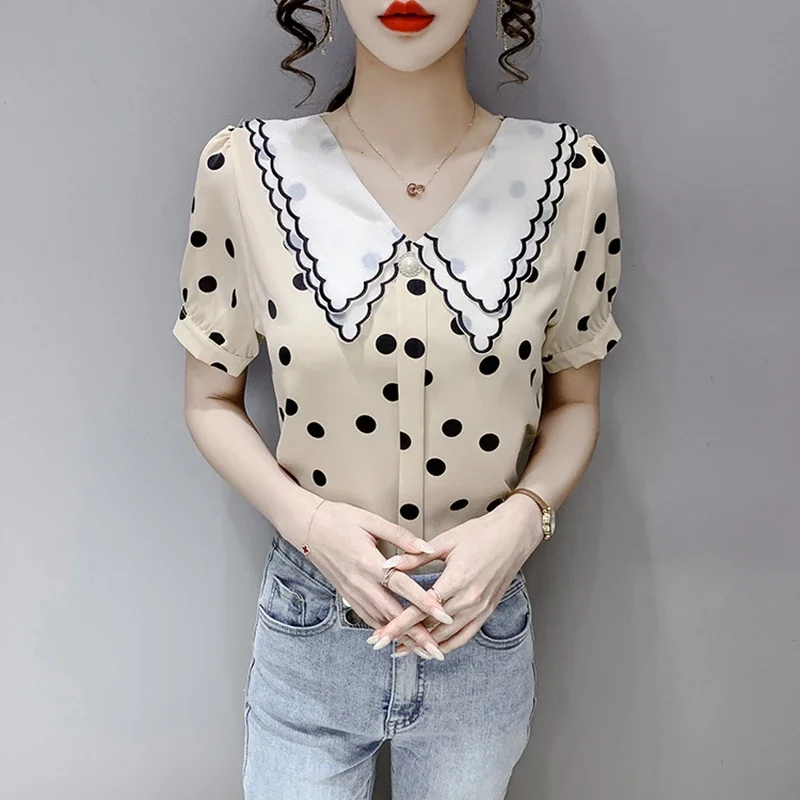 Casual Summer Chiffon Blouses 2024 Korean Fashion Polka Dot Blusa Feminina French Sweet Girls Vintage Puff Sleeve Tops Mujer y2k