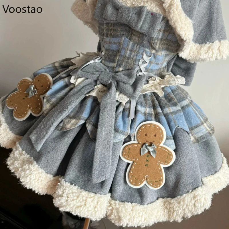 Autumn Winter Sweet Lolita Dress 2 Piece Set Japanese Women Chic Cloak Cute Plush Patchwork Dress Harajuku Kawaii Christmas Suit