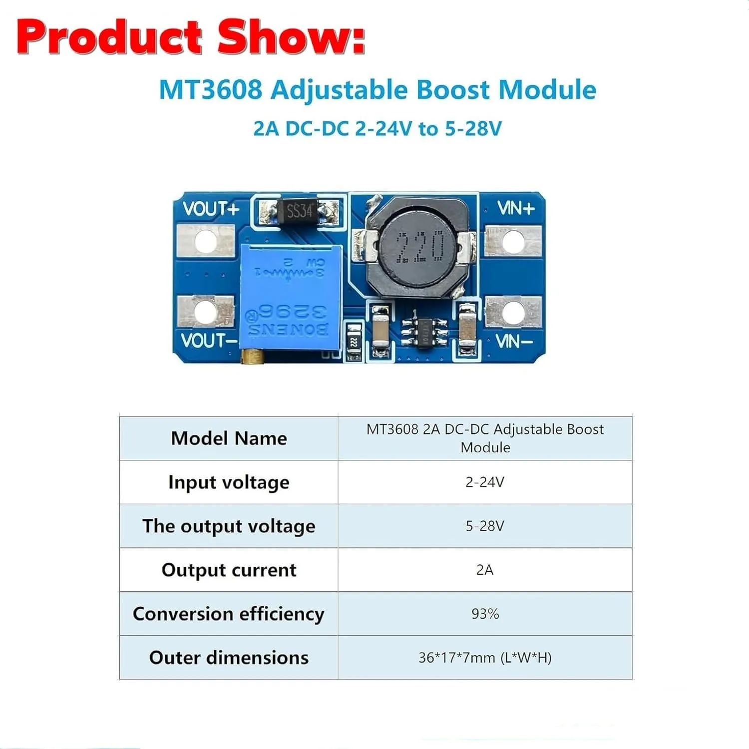 MT3608 DC-DC Adjustable Boost Module 2A DC DC Boost Step up Converter Module 2V-24V to 5V 9V 12V 28V Power Module Booster