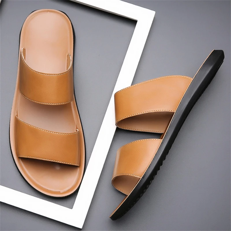 

Trendy Men Slippers High Quality Cowhide Leather Slipper Outdoor Casual Beach Slides Men Flat Sandals Flip Flops Chanclas Hombre