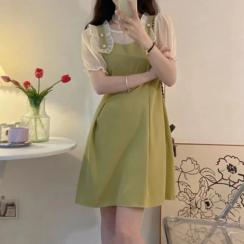 Mulheres gola redonda babados botão zíper vestido, gaze manga curta, patchwork, falso duas peças vestidos, doce, bonito, verão, novo, 2024