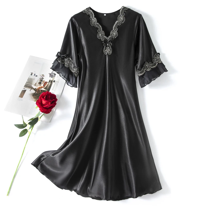 Summer women's pyjamas thin color satin pyjamas ruffled flanges women's home dress embroidery V-neck large size nightdress