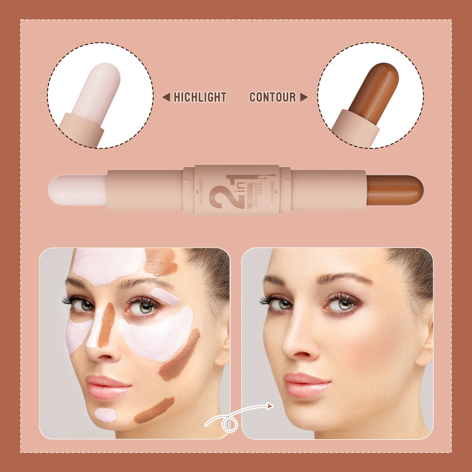 3D Contour Double Head Stick Highlighter Brightening Shadow Shading for Face 2 in 1 Cross Border Makeup Essential