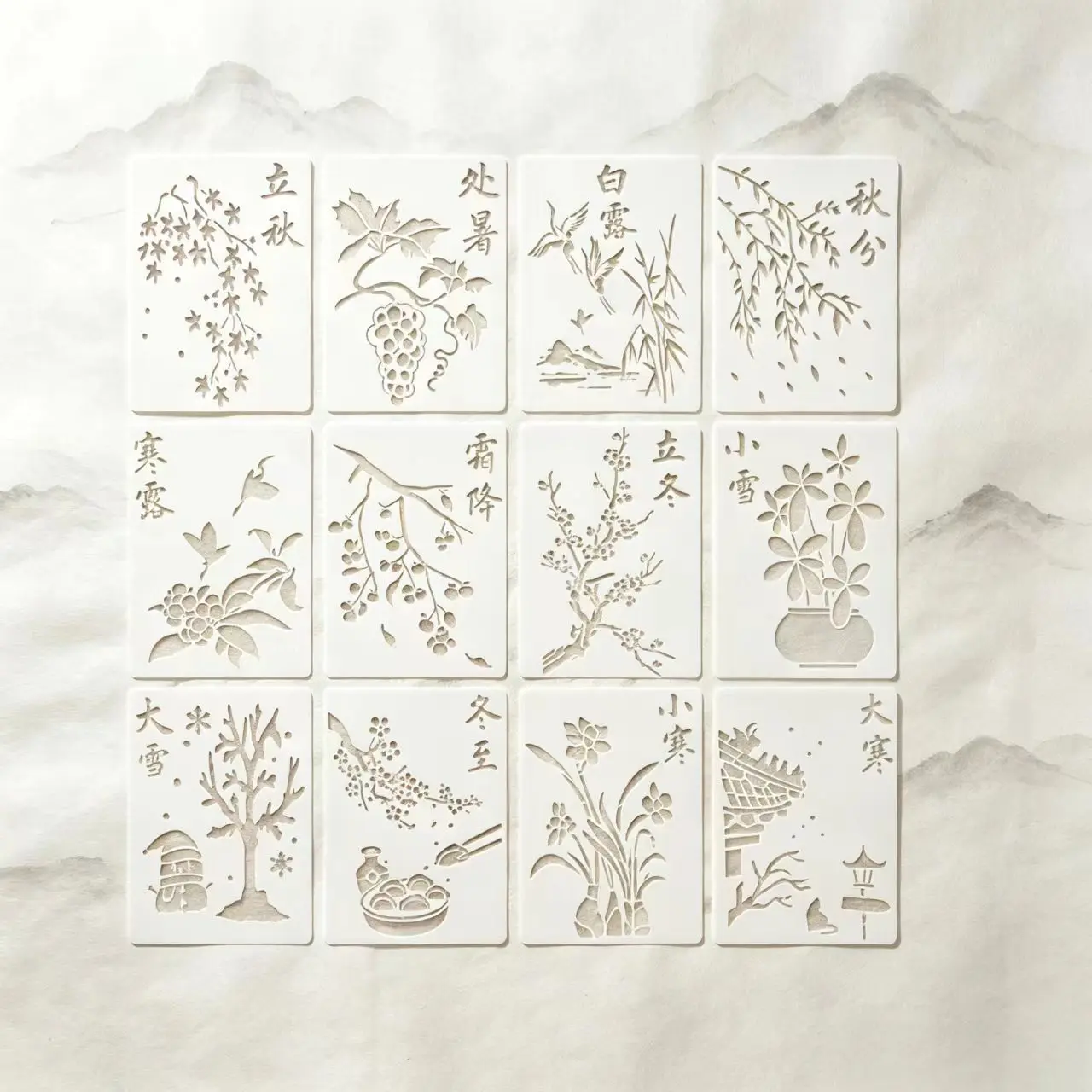 Chinese Style Four Seasons & 24 Solar Terms Hollow Painting Stencils, Drawing Templates for Children DIY Graffiti Art Craft