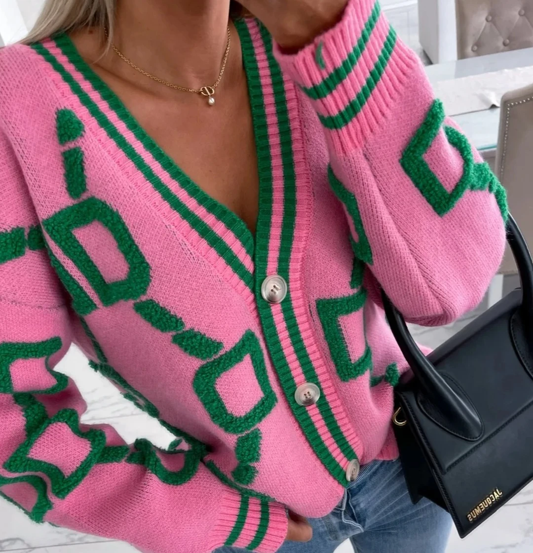 

Autumn Winter Jacquard Knitted Coat Women Fashion V-neck Long Sleeve Single Breasted