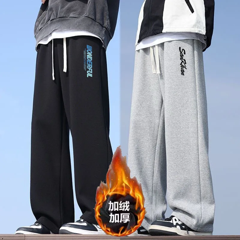 

Мужские утепленные брюки прямого кроя с принтом, свободные, повседневные, спортивные, осенне-зимние, модные, в корейском стиле, из полиэстера