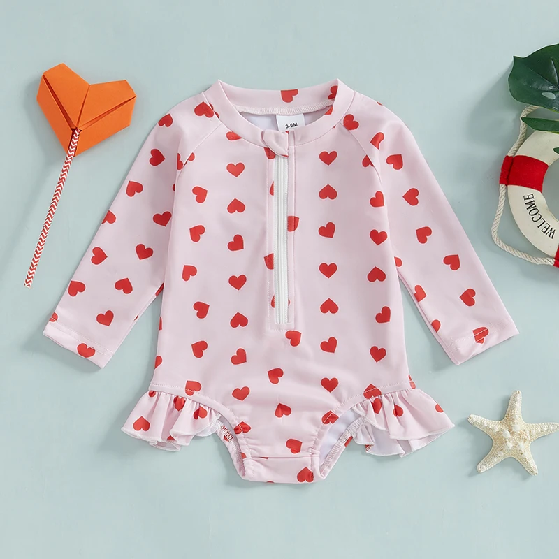 Toddler Baby Girls Swimsuits  Heart Print Beachwear Princess Rash Guard Zip Up Long Sleeve Crew Neck Infant Swimwear