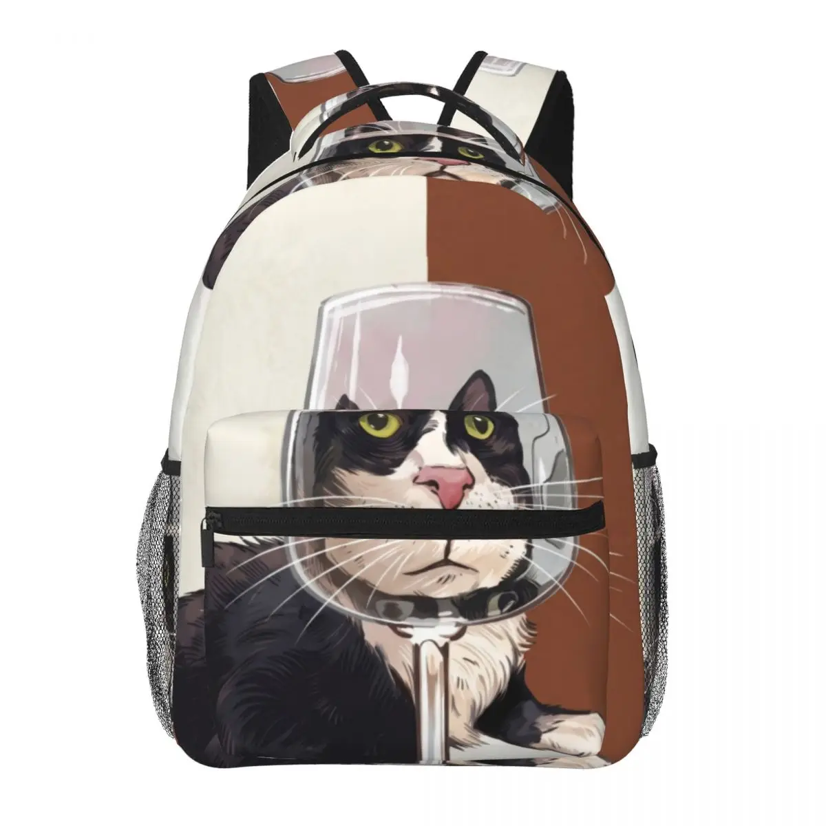 Dark Punk Printed Backpack Center Wine Cat Whimsical Illustration Black White Multi Streetwear Bookbag for Teens College Travel