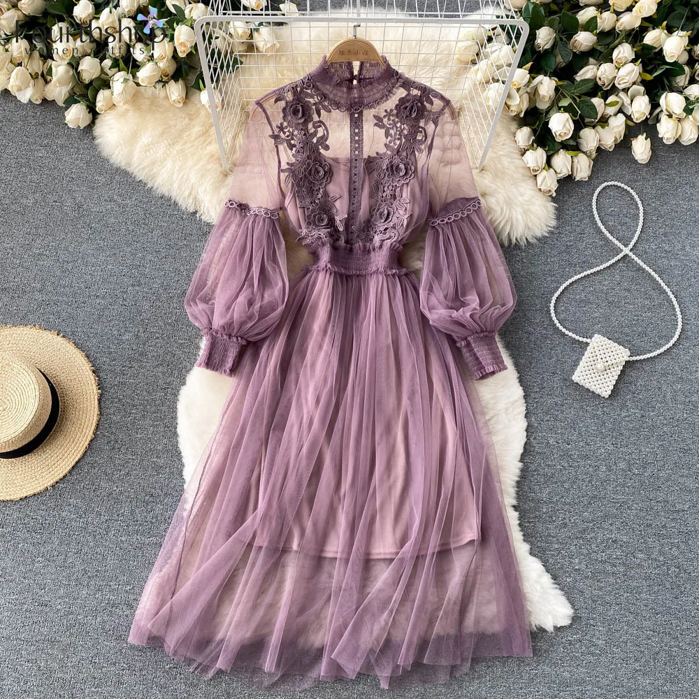 

2024 Summer New Women Party Dress Long Lantern Sleeve Flower Embroidery Club Evening Dresses A Line Mesh High Waisted Clothes