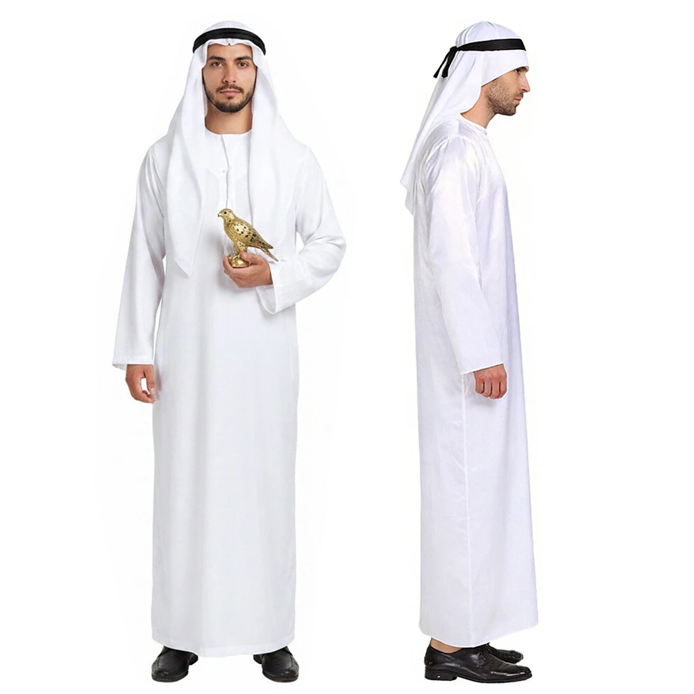Uae Arab Robe and Headscarf Set Men's Middle Eastern Cosplay Costume Dubai Muslim Clothes White Jumpsuit Loose Abaya Costumes