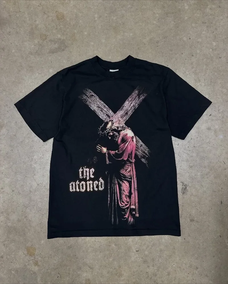 High Street Trendy Retro Clothing Harajuku Cross Fashion Loose Short-sleeved Men American Street Casual Oversized T-shirt Women